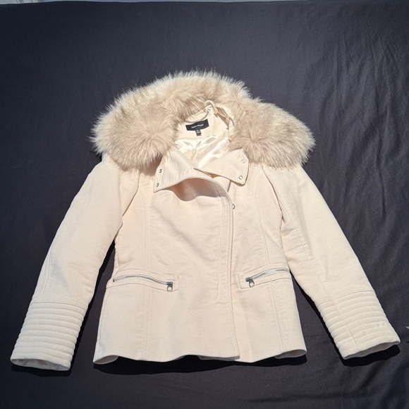 Karen Millen sz4 preowned no smoke home Cream Jacket w removable Faux Fur Collar - Picture 3 of 16